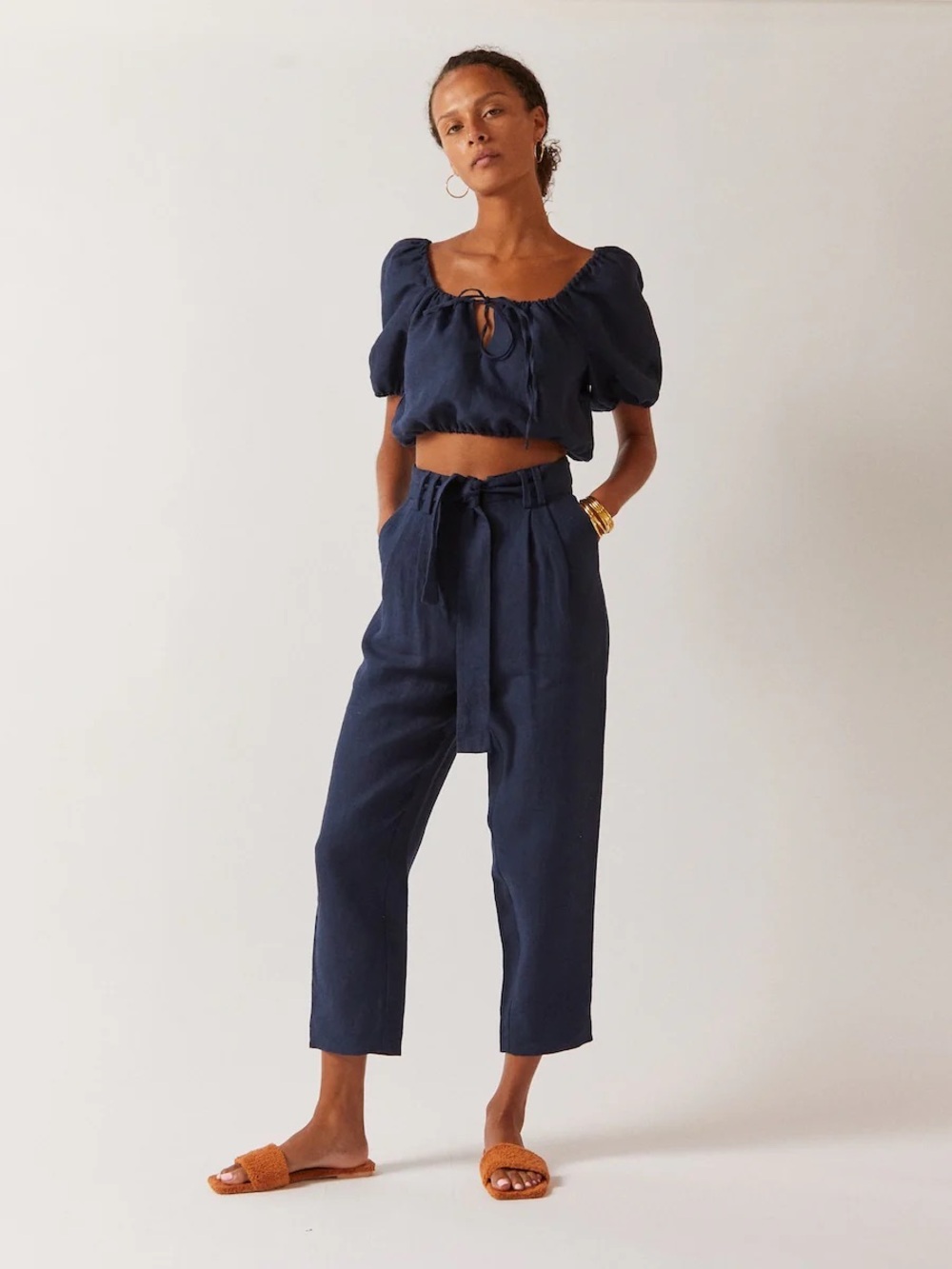 Casa Raki Navy Blue Organic Linen Aurora Trousers Size Medium